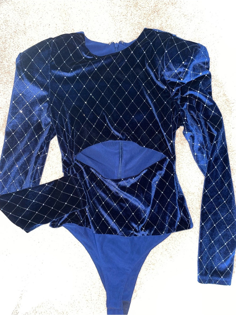 Blue Velour Diamond Cross Dance Bodysuit Padded Shoulders Sequins Longsleeve